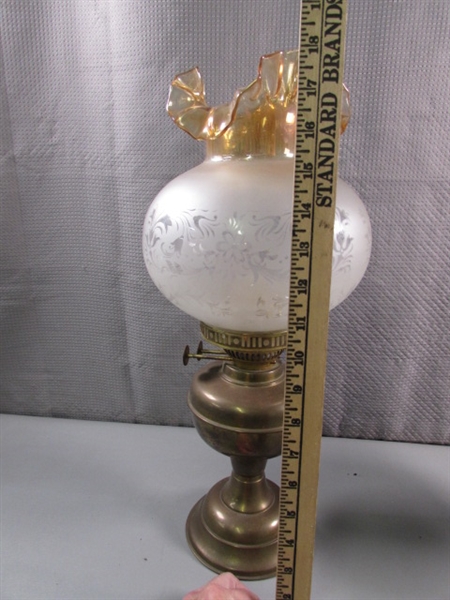 ANTIQUE ENGLISH BRASS OIL LAMP W/FRENCH SHADE & VTG ELECTRIFIED OIL LAMP - NO SHADE