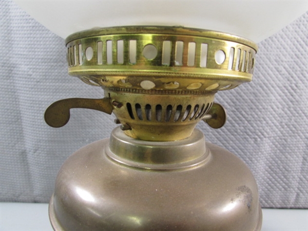 ANTIQUE ENGLISH BRASS OIL LAMP W/FRENCH SHADE & VTG ELECTRIFIED OIL LAMP - NO SHADE