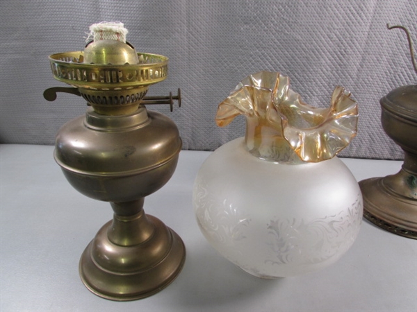 ANTIQUE ENGLISH BRASS OIL LAMP W/FRENCH SHADE & VTG ELECTRIFIED OIL LAMP - NO SHADE