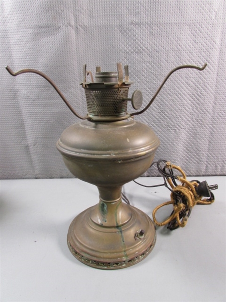 ANTIQUE ENGLISH BRASS OIL LAMP W/FRENCH SHADE & VTG ELECTRIFIED OIL LAMP - NO SHADE