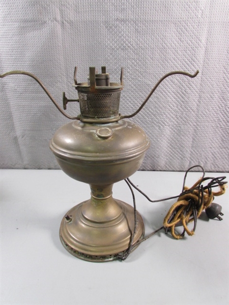 ANTIQUE ENGLISH BRASS OIL LAMP W/FRENCH SHADE & VTG ELECTRIFIED OIL LAMP - NO SHADE