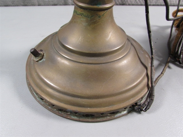 ANTIQUE ENGLISH BRASS OIL LAMP W/FRENCH SHADE & VTG ELECTRIFIED OIL LAMP - NO SHADE