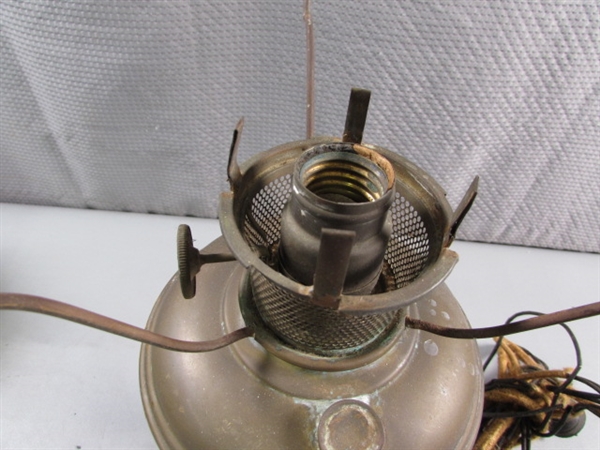ANTIQUE ENGLISH BRASS OIL LAMP W/FRENCH SHADE & VTG ELECTRIFIED OIL LAMP - NO SHADE