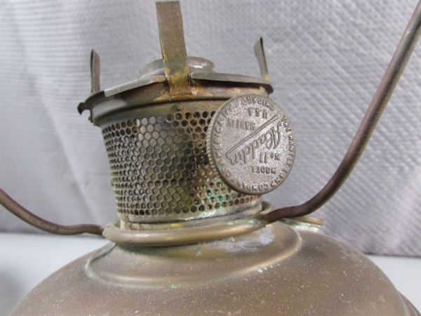 ANTIQUE ENGLISH BRASS OIL LAMP W/FRENCH SHADE & VTG ELECTRIFIED OIL LAMP - NO SHADE