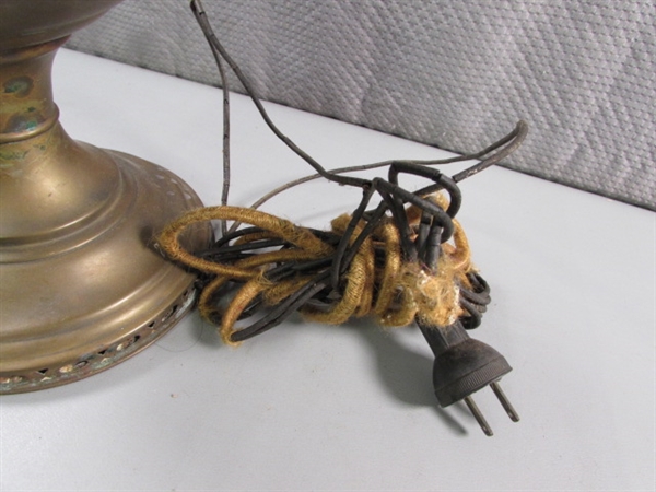 ANTIQUE ENGLISH BRASS OIL LAMP W/FRENCH SHADE & VTG ELECTRIFIED OIL LAMP - NO SHADE