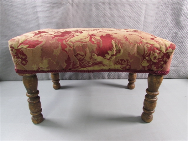 VINTAGE WOODEN STOOL W/UPHOLSTERED TOP