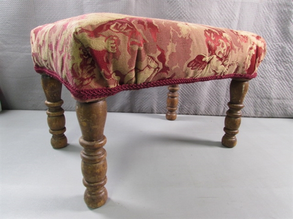 VINTAGE WOODEN STOOL W/UPHOLSTERED TOP