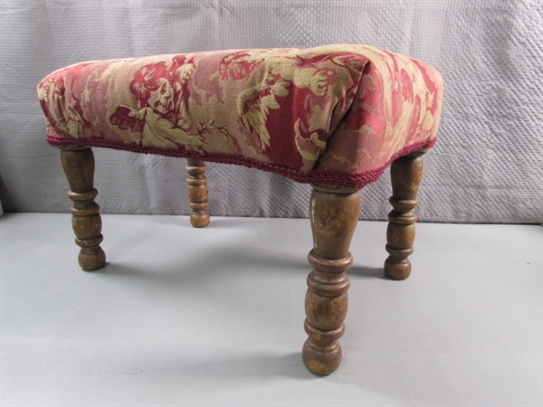 VINTAGE WOODEN STOOL W/UPHOLSTERED TOP