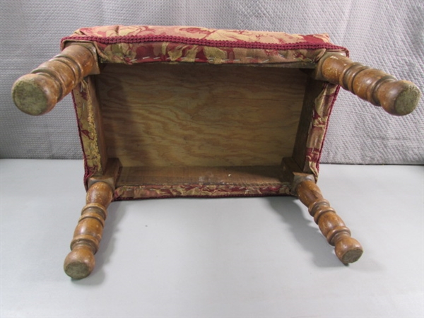 VINTAGE WOODEN STOOL W/UPHOLSTERED TOP