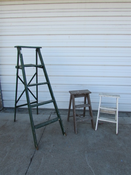 TRIO OF WOODEN PAINTED LADDERS/STEP STOOLS
