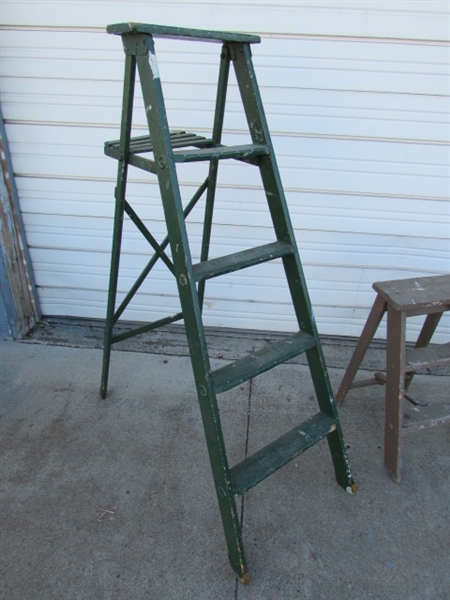 TRIO OF WOODEN PAINTED LADDERS/STEP STOOLS