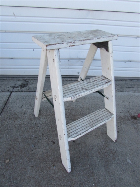 TRIO OF WOODEN PAINTED LADDERS/STEP STOOLS