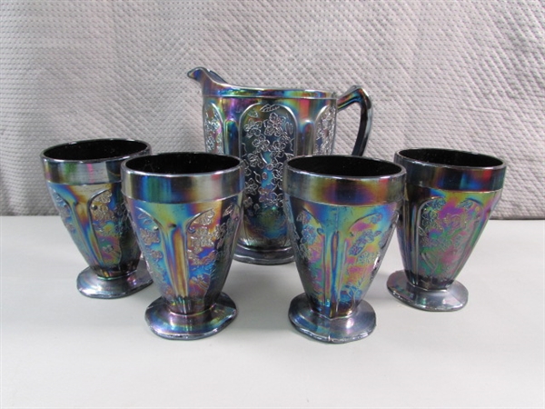 VINTAGE CHERRY BLOSSOM PURPLE IRIDESCENT CARNIVAL GLASS PITCHER & 4 GLASSES