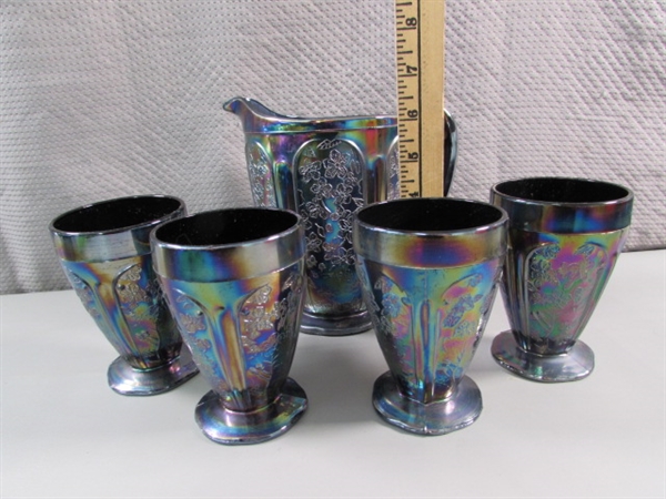 VINTAGE CHERRY BLOSSOM PURPLE IRIDESCENT CARNIVAL GLASS PITCHER & 4 GLASSES