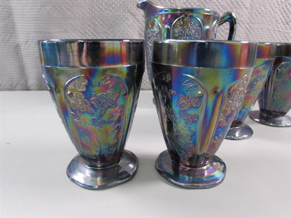 VINTAGE CHERRY BLOSSOM PURPLE IRIDESCENT CARNIVAL GLASS PITCHER & 4 GLASSES