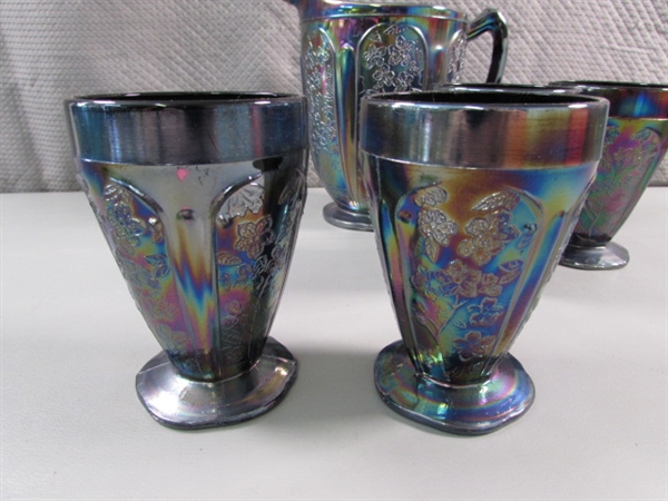 VINTAGE CHERRY BLOSSOM PURPLE IRIDESCENT CARNIVAL GLASS PITCHER & 4 GLASSES