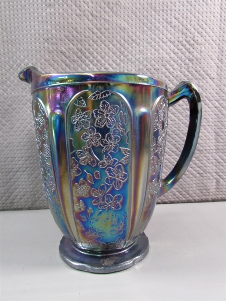VINTAGE CHERRY BLOSSOM PURPLE IRIDESCENT CARNIVAL GLASS PITCHER & 4 GLASSES