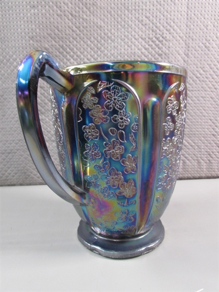 VINTAGE CHERRY BLOSSOM PURPLE IRIDESCENT CARNIVAL GLASS PITCHER & 4 GLASSES