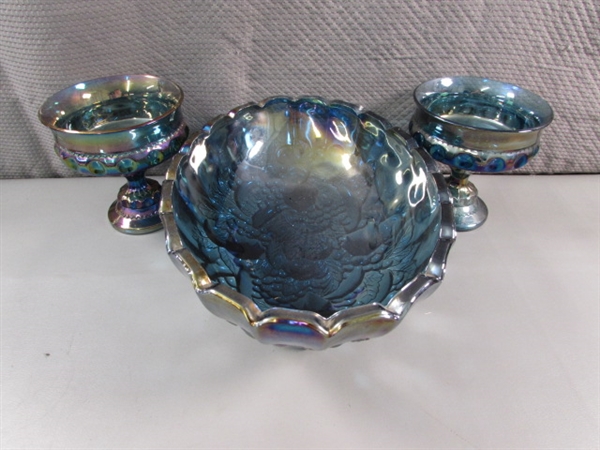 VINTAGE INDIANA CARNIVAL GLASS - GARLAND BLUE - FOOTED BOWL & THUMBPRINT PEDESTAL CANDY DISHES