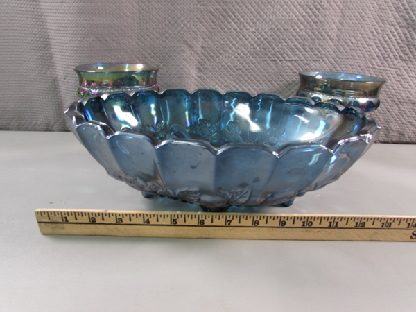 VINTAGE INDIANA CARNIVAL GLASS - GARLAND BLUE - FOOTED BOWL & THUMBPRINT PEDESTAL CANDY DISHES
