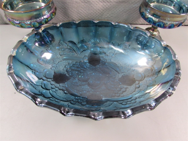 VINTAGE INDIANA CARNIVAL GLASS - GARLAND BLUE - FOOTED BOWL & THUMBPRINT PEDESTAL CANDY DISHES