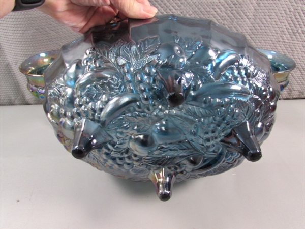 VINTAGE INDIANA CARNIVAL GLASS - GARLAND BLUE - FOOTED BOWL & THUMBPRINT PEDESTAL CANDY DISHES