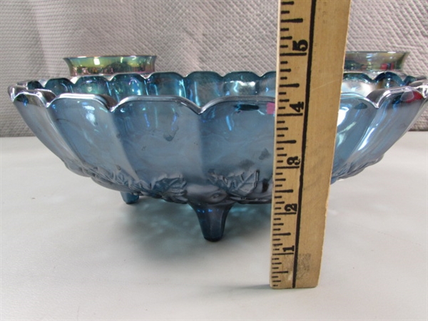 VINTAGE INDIANA CARNIVAL GLASS - GARLAND BLUE - FOOTED BOWL & THUMBPRINT PEDESTAL CANDY DISHES