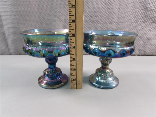 VINTAGE INDIANA CARNIVAL GLASS - GARLAND BLUE - FOOTED BOWL & THUMBPRINT PEDESTAL CANDY DISHES