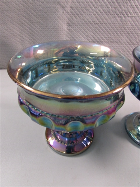 VINTAGE INDIANA CARNIVAL GLASS - GARLAND BLUE - FOOTED BOWL & THUMBPRINT PEDESTAL CANDY DISHES