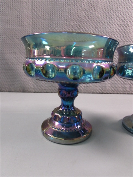 VINTAGE INDIANA CARNIVAL GLASS - GARLAND BLUE - FOOTED BOWL & THUMBPRINT PEDESTAL CANDY DISHES