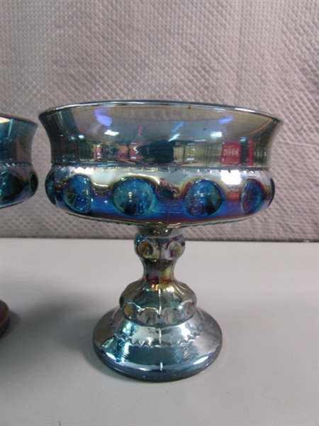 VINTAGE INDIANA CARNIVAL GLASS - GARLAND BLUE - FOOTED BOWL & THUMBPRINT PEDESTAL CANDY DISHES