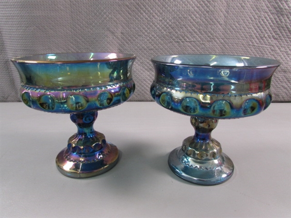 VINTAGE INDIANA CARNIVAL GLASS - GARLAND BLUE - FOOTED BOWL & THUMBPRINT PEDESTAL CANDY DISHES