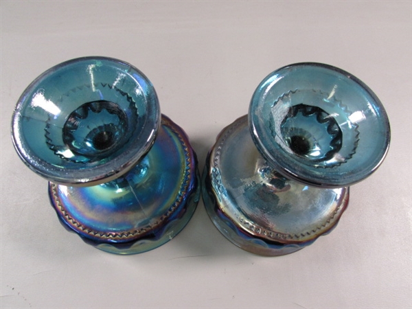 VINTAGE INDIANA CARNIVAL GLASS - GARLAND BLUE - FOOTED BOWL & THUMBPRINT PEDESTAL CANDY DISHES