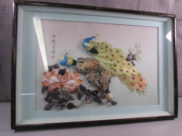 BEAUTIFUL ASIAN INSPIRED FRAMED PEACOCK DIORAMA 3D SHELL ART