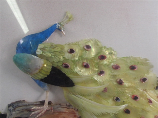 BEAUTIFUL ASIAN INSPIRED FRAMED PEACOCK DIORAMA 3D SHELL ART