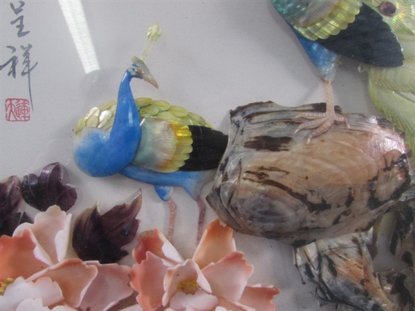 BEAUTIFUL ASIAN INSPIRED FRAMED PEACOCK DIORAMA 3D SHELL ART