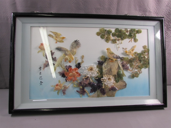 BEAUTIFUL ASIAN INSPIRED FRAMED FLORAL & BIRDS DIORAMA 3D SHELL ART