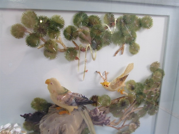 BEAUTIFUL ASIAN INSPIRED FRAMED FLORAL & BIRDS DIORAMA 3D SHELL ART