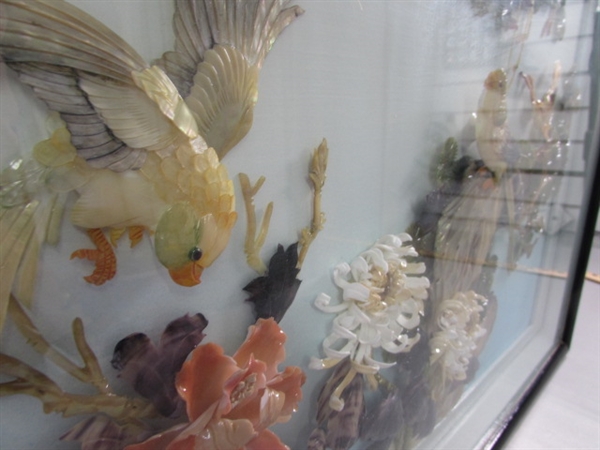 BEAUTIFUL ASIAN INSPIRED FRAMED FLORAL & BIRDS DIORAMA 3D SHELL ART