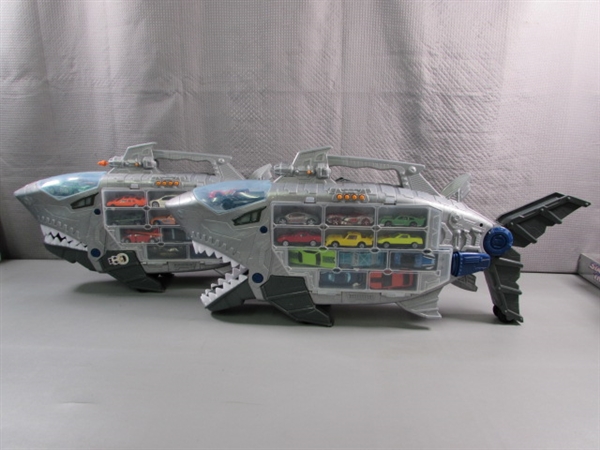2 SHARK HOT WHEELS/MATCHBOX CAR CARRIERS W/CARS