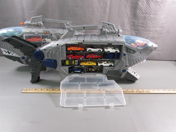 2 SHARK HOT WHEELS/MATCHBOX CAR CARRIERS W/CARS