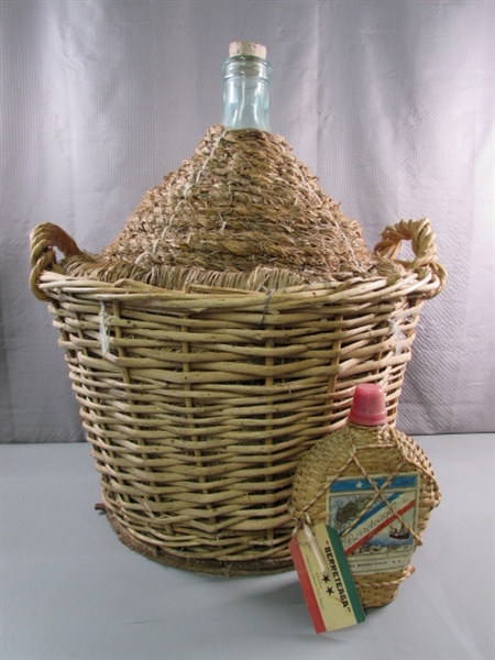VERY LARGE WICKER WINE BOTTLE & SMALLER BOTTLE
