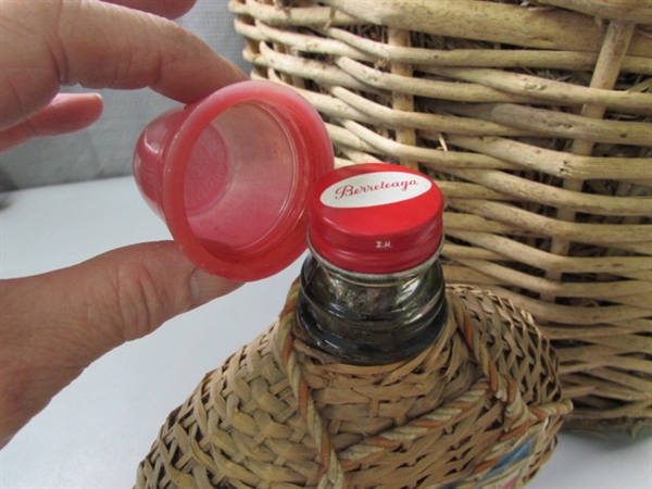 VERY LARGE WICKER WINE BOTTLE & SMALLER BOTTLE