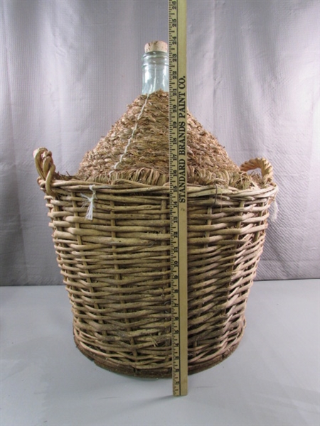 VERY LARGE WICKER WINE BOTTLE & SMALLER BOTTLE