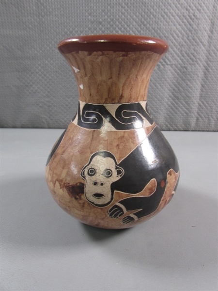SMALL VINTAGE CLAY MONKEY VASE -SIGNED