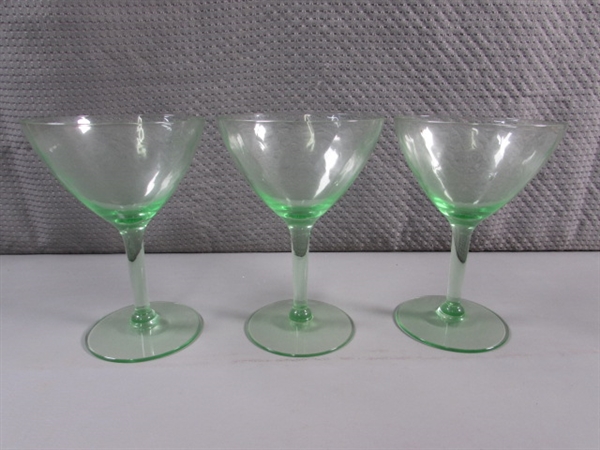 3 VINTAGE URANIUM GLASS WINE GLASSES
