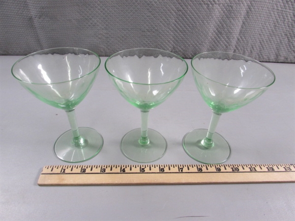 3 VINTAGE URANIUM GLASS WINE GLASSES