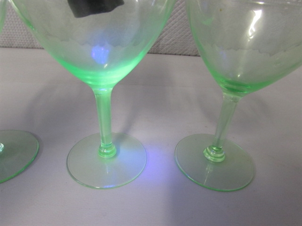 3 VINTAGE URANIUM GLASS WINE GLASSES