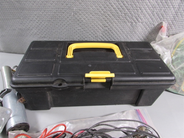 SMALL TOOLBOX WITH WIRING TESTERS, TRAILER WIRING, PLUGS & MORE