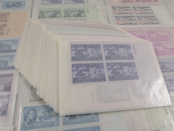 MOSTLY 3 CENT US POSTAGE STAMP BLOCKS IN GLASSINE ENVELOPES-UNUSED